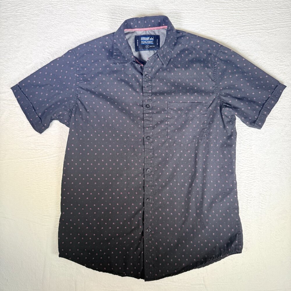 Monument Button Down Shirt Mens Navy Short Sleeve Size Medium‎ Pink Polka Dot.